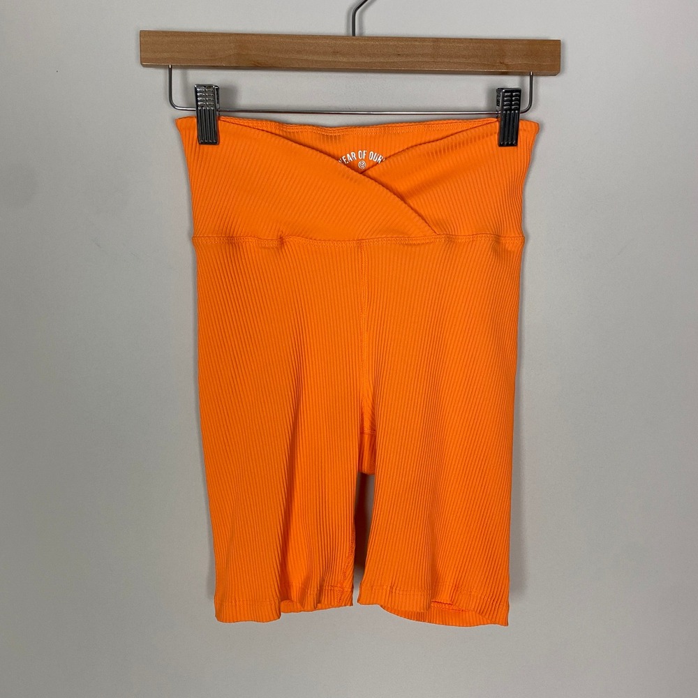 Year Of Ours Ribbed Biker Shorts Women's Medium High Waist Orange Athleisure